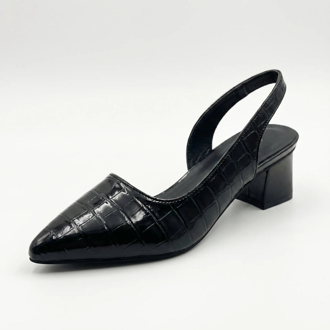 Women's Slingback Block Heels - Pointed Toe with Embossed Detail