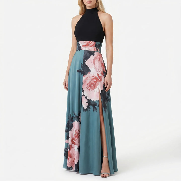 Women's Halter Maxi Dress - Floral Evening Gown with Slit