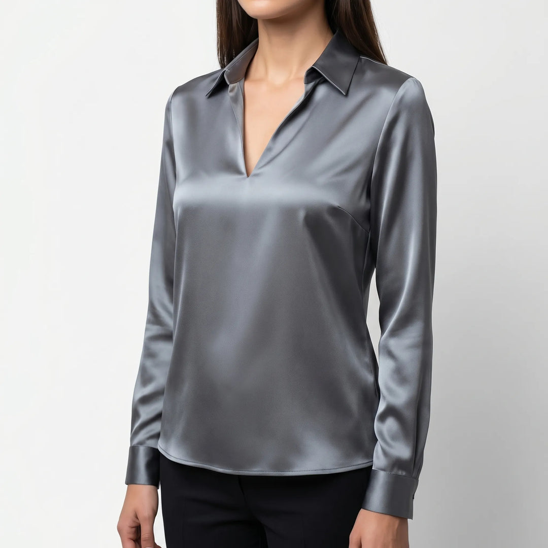 Women's Satin V Neck Blouse - Collared with Long Sleeve for Work