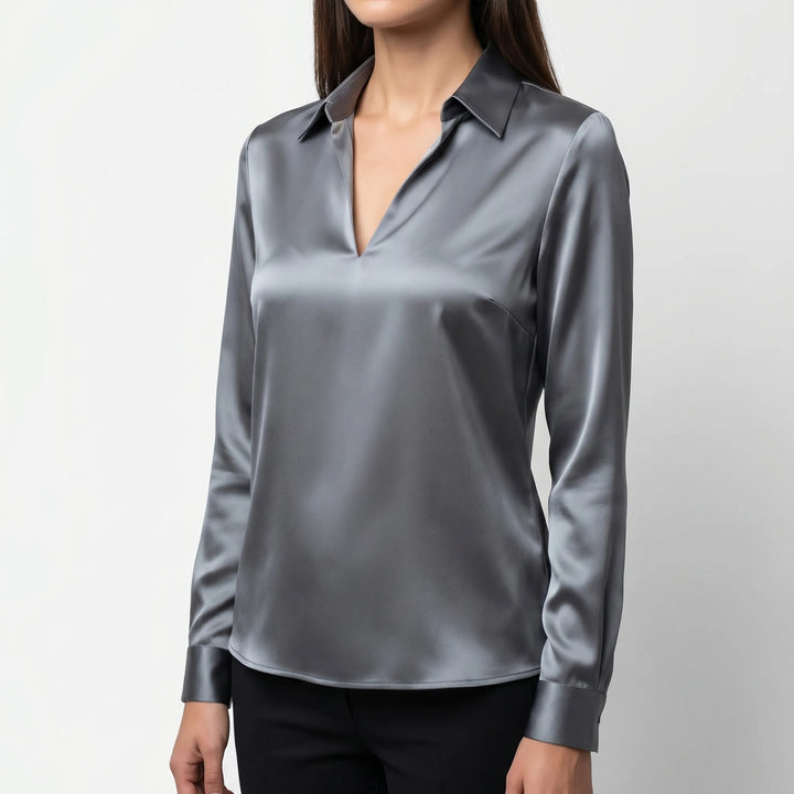 Women's Satin V Neck Blouse - Collared with Long Sleeve for Work
