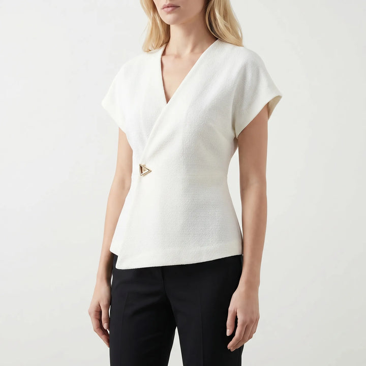 Women's Wrap V Neck Blouse - Cap Sleeve with Gold Clasp