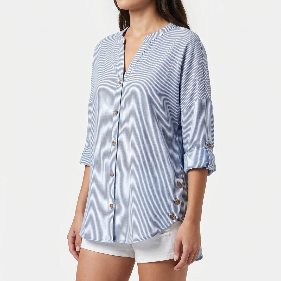 Women's Striped Tunic Blouse - Casual Summer Button Front Top
