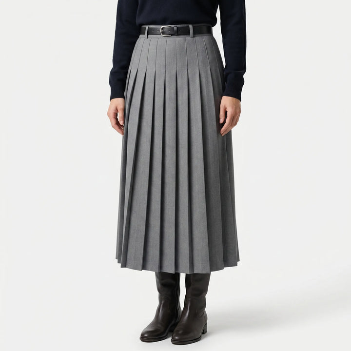 Women's Pleated Midi Skirt - High Waist with Belt for Work