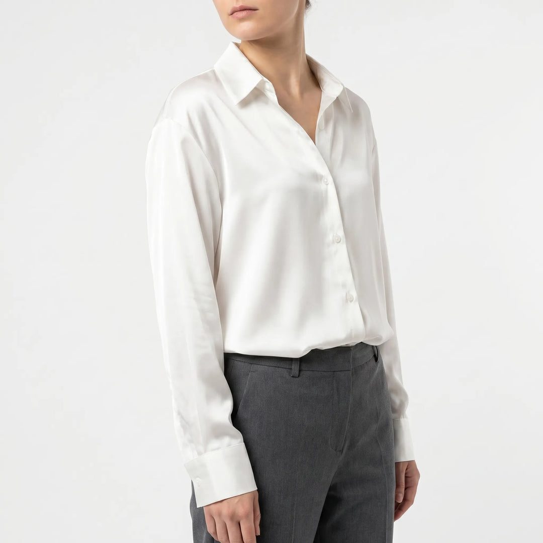 Women's Satin Button Down Blouse - Elegant Long Sleeve Work Shirt