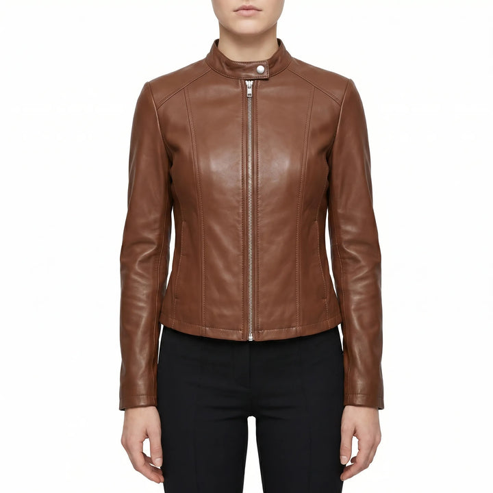 Women's Slim Fit Biker Jacket - Zip Up with Stand Collar