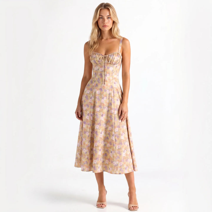 Women's Floral Midi Dress - Corset Bodice with Side Slit