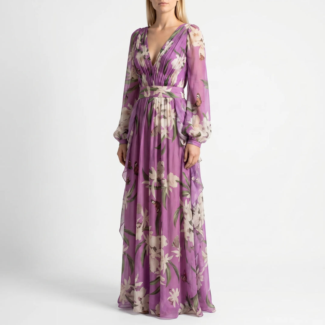 Women's Floral Maxi Dress - V Neck with Long Sleeve for Evening