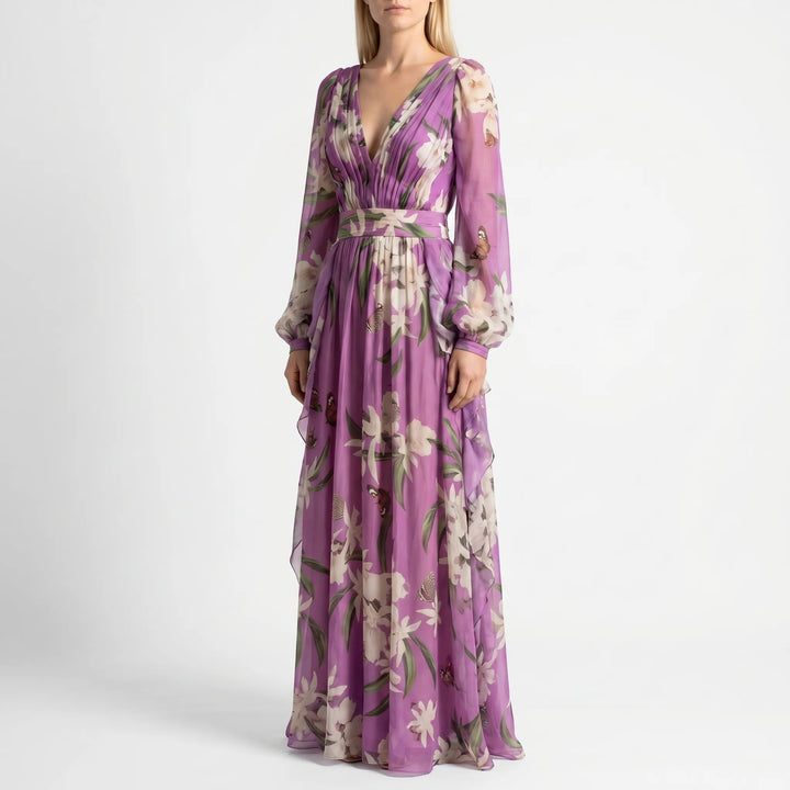 Women's Floral Maxi Dress - V Neck with Long Sleeve for Evening