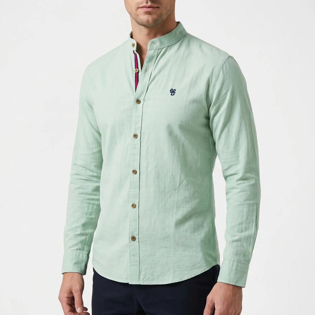 Men's Button Up Shirt - Band Collar with Long Sleeve
