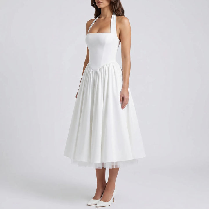 Women's Halter Midi Dress - Fit and Flare for Wedding Guest