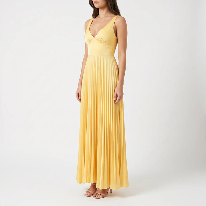 Women's Pleated Maxi Dress - Elegant V Neck for Summer