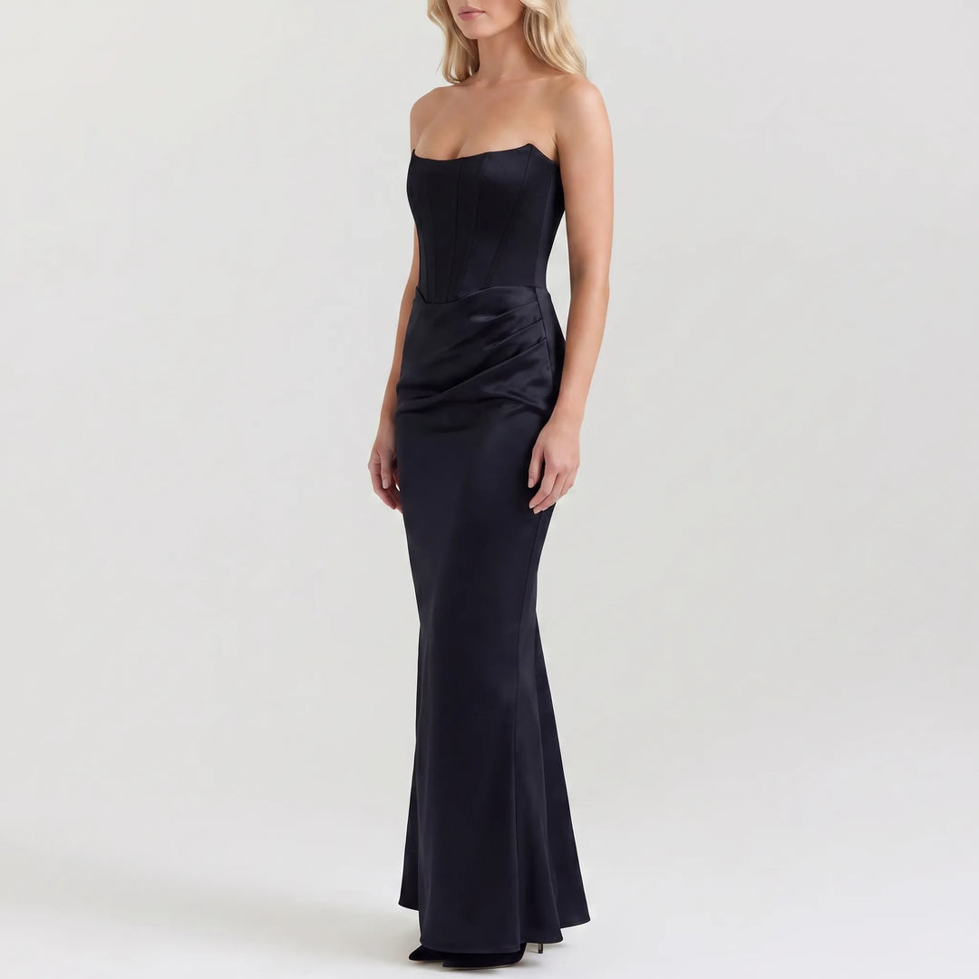 Women's Strapless Maxi Dress - Elegant Draped for Evening