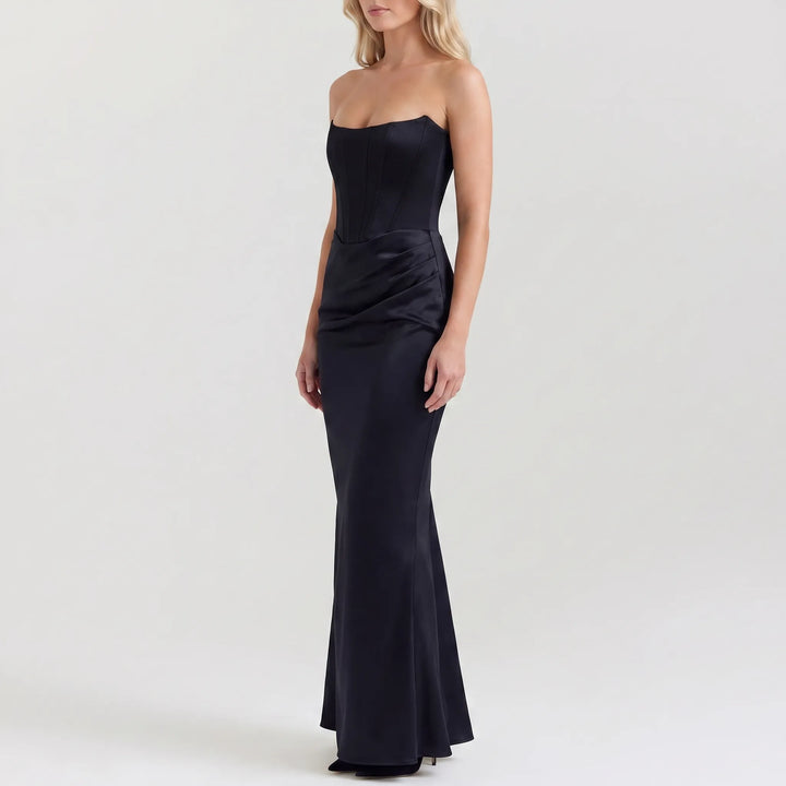 Women's Strapless Maxi Dress - Elegant Draped for Evening