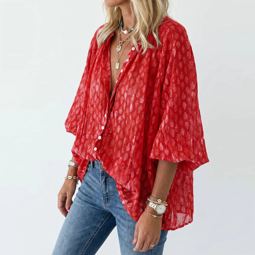 Women's Printed Button Down Blouse - Summer Boho V Neck Top