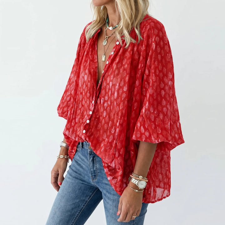 Women's Printed Button Down Blouse - Summer Boho V Neck Top