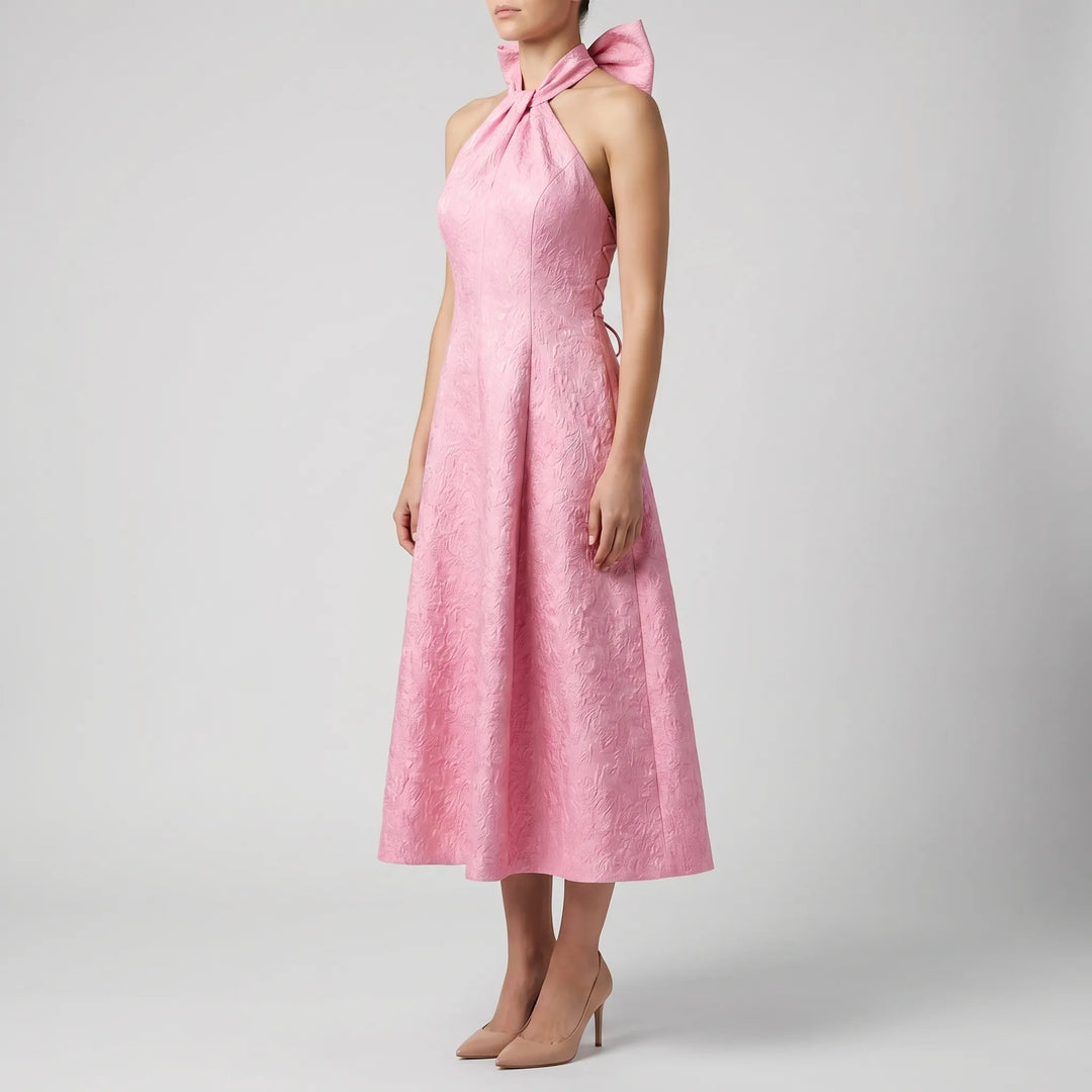 Women's Halter Midi Dress - V Neck with Flared Skirt