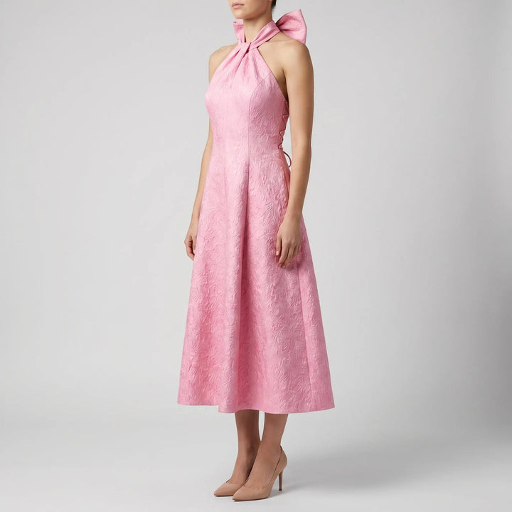 Women's Halter Midi Dress - V Neck with Flared Skirt