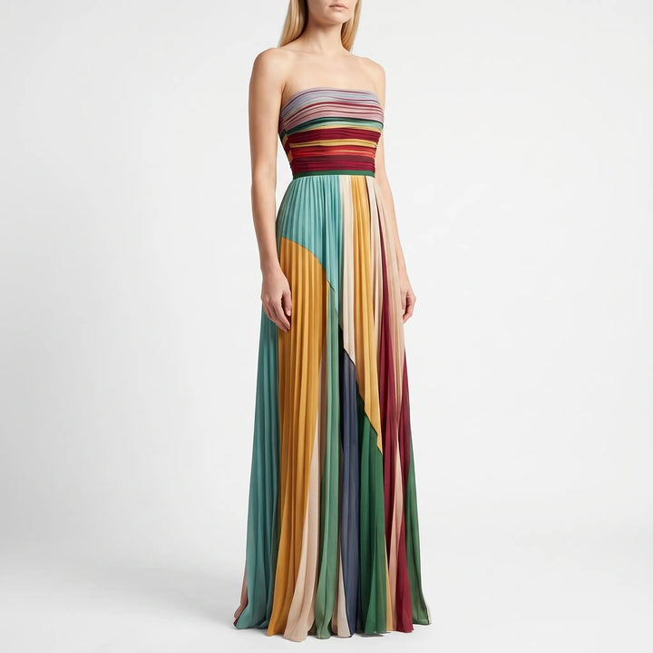 Women's Strapless Maxi Dress - Pleated Colorblock for Evening