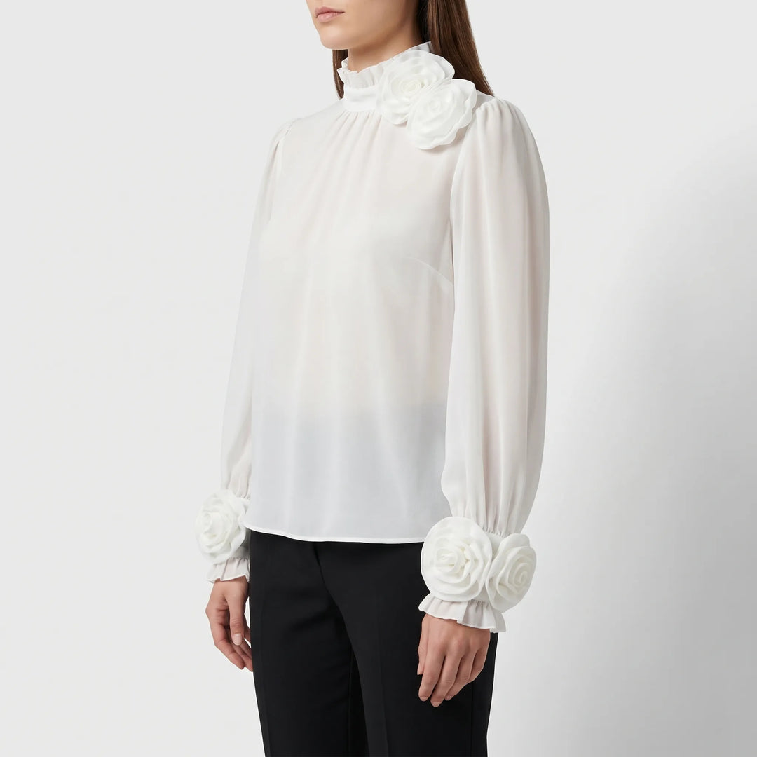 Women's 3D Rose Blouse - Sheer Long Sleeve with High Neck