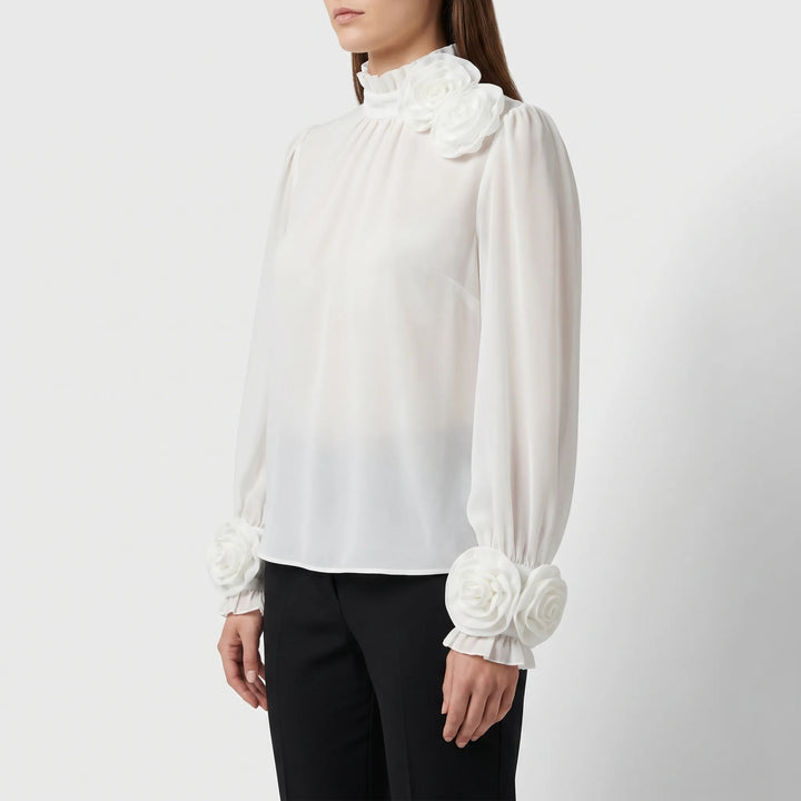 Women's 3D Rose Blouse - Sheer Long Sleeve with High Neck