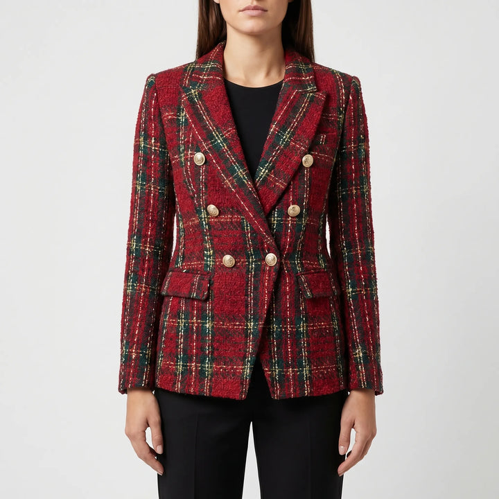Women's Plaid Blazer Jacket - Double Breasted Tailored Fit