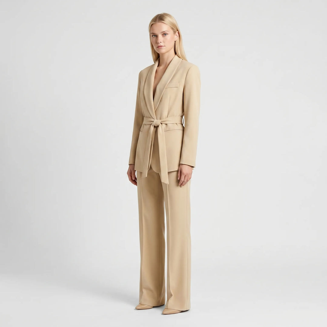 Women's 2 Piece Suit Set - Belted Blazer and Wide Leg Pants