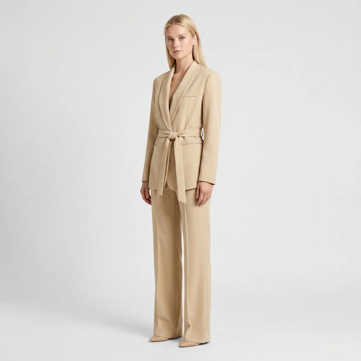 Women's 2 Piece Suit Set - Belted Blazer and Wide Leg Pants