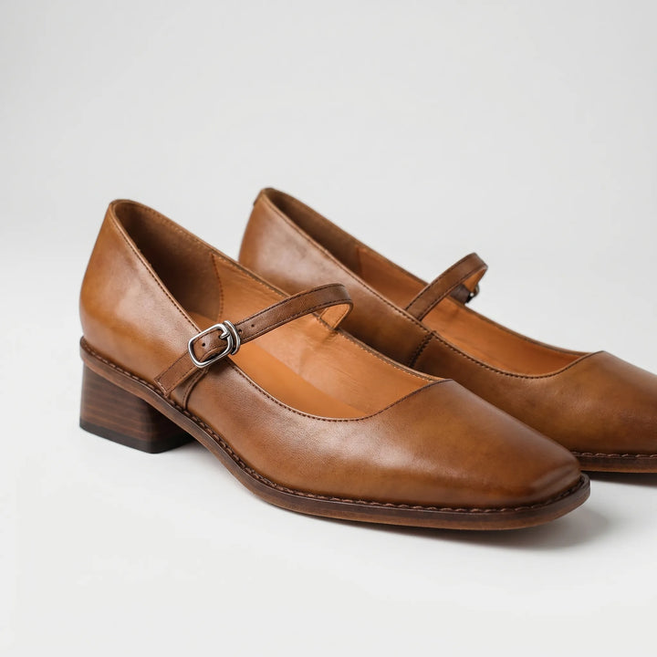 Women's Low Block Heel Shoes - Buckle Strap with Square Toe