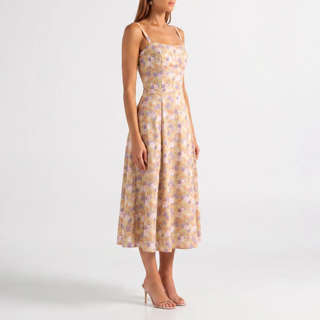 Women's Floral Corset Midi Dress - Summer Sundress with Slit