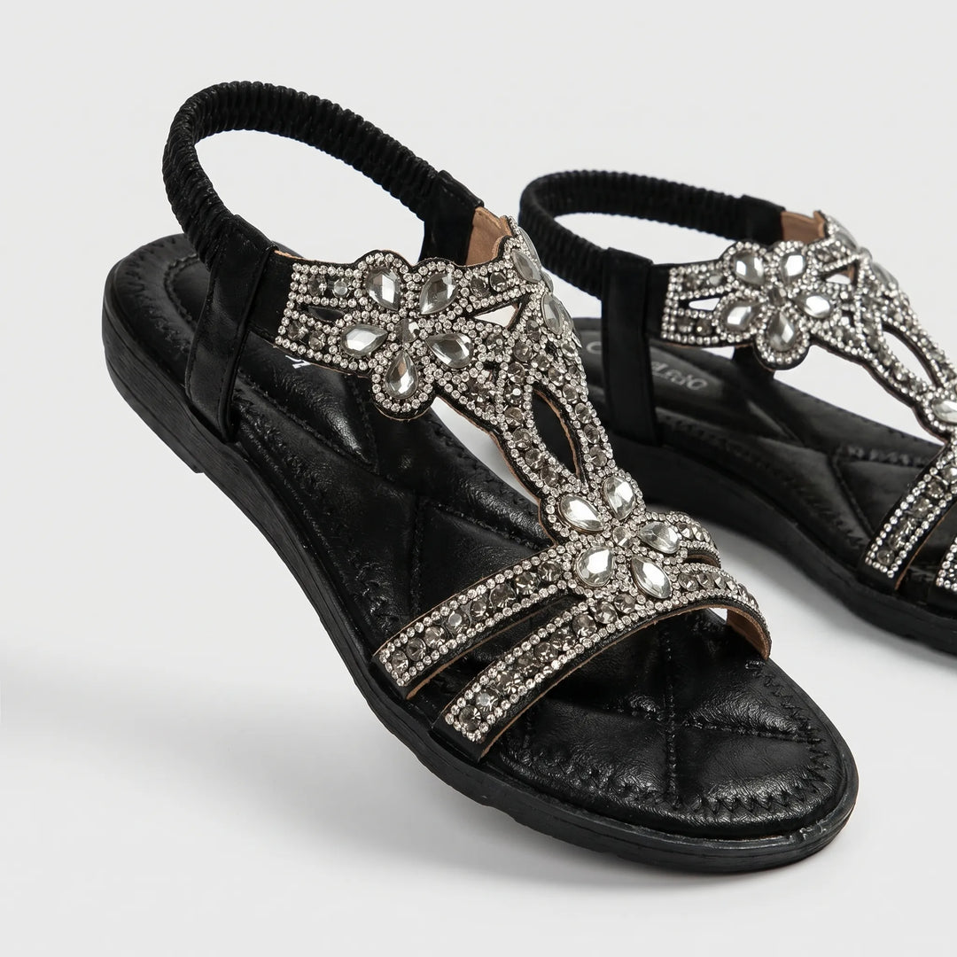 Women's Floral Flat Sandals - Rhinestone Embellished for Summer