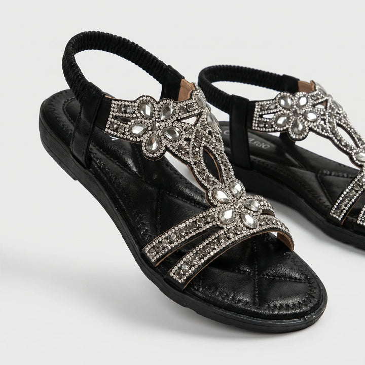 Women's Floral Flat Sandals - Rhinestone Embellished for Summer