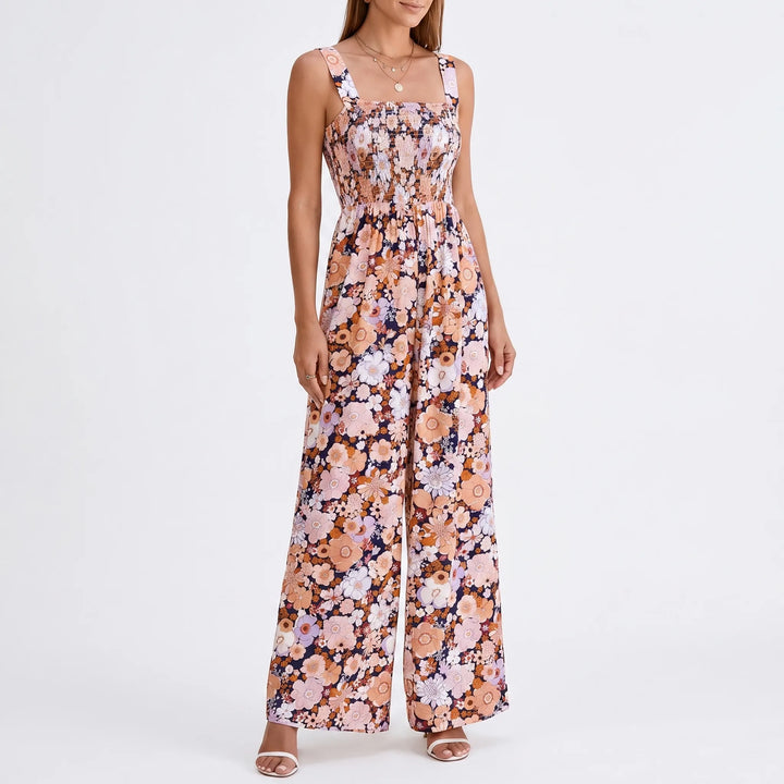Women's Floral Wide Leg Jumpsuit - Smocked Bodice with Pockets