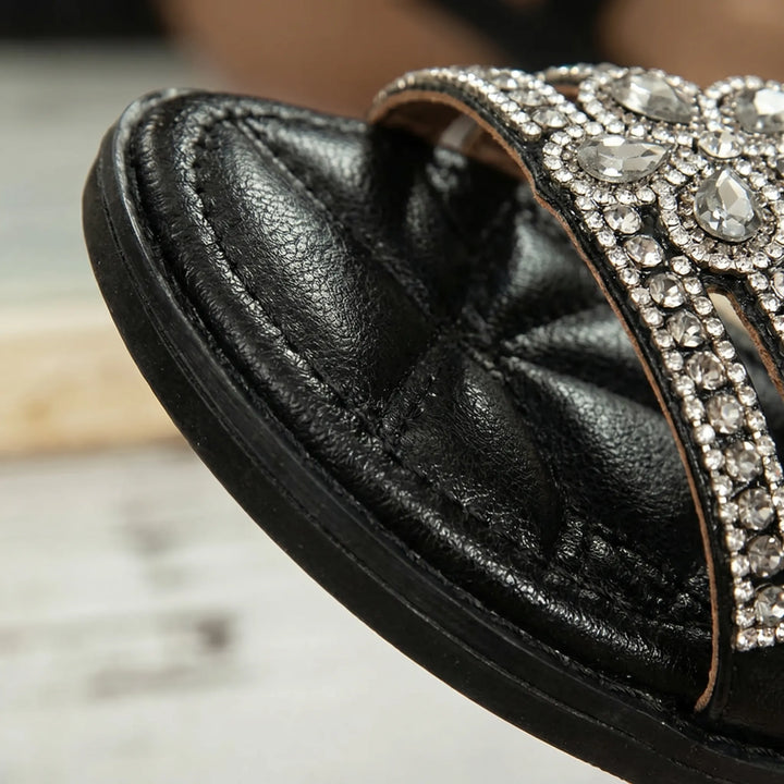 Women's Floral Flat Sandals - Rhinestone Embellished for Summer