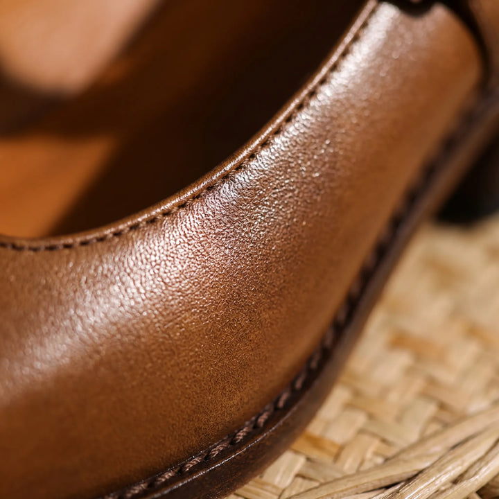 Women's Low Block Heel Shoes - Buckle Strap with Square Toe