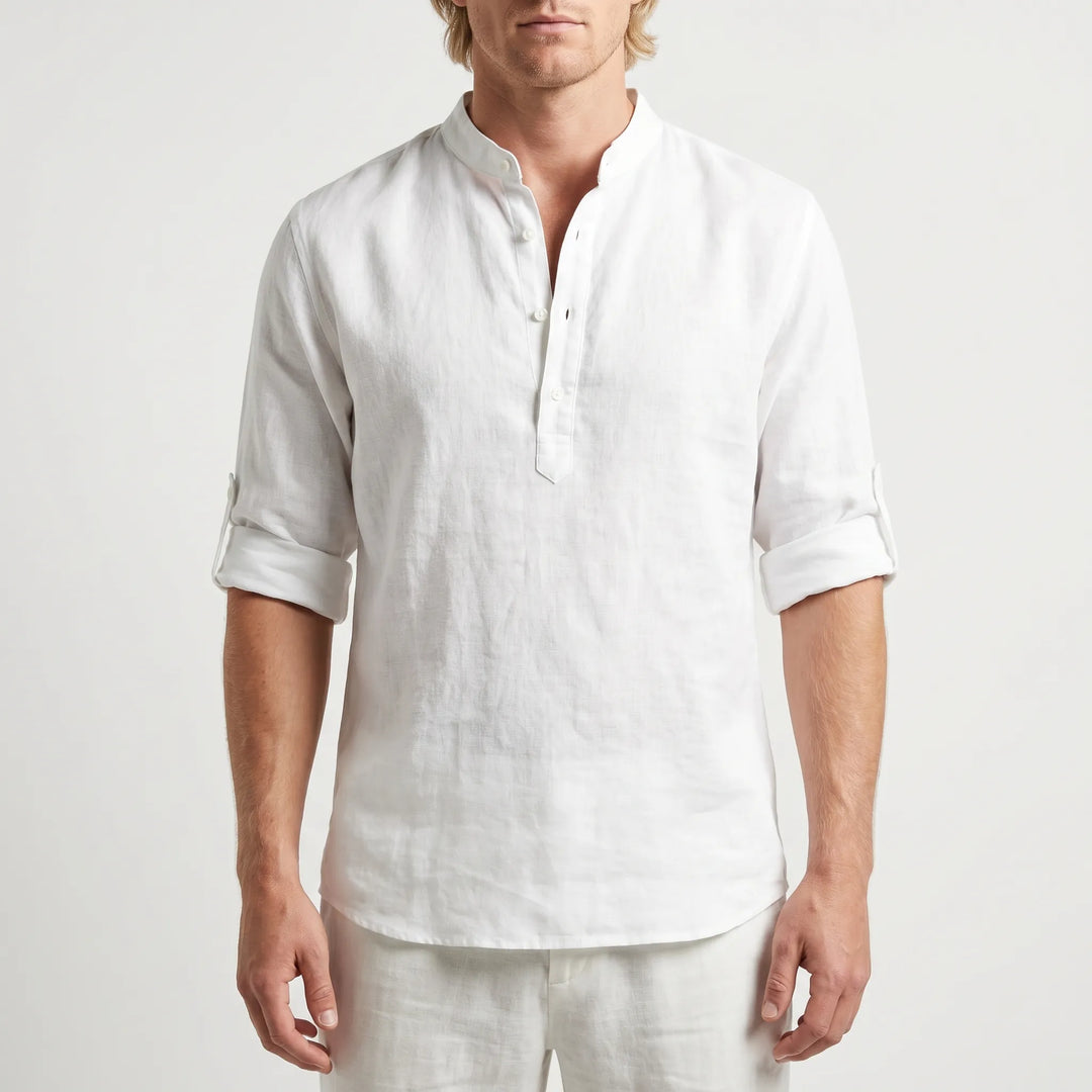 Men's Linen Henley Shirt - Casual Summer Beach Long Sleeve