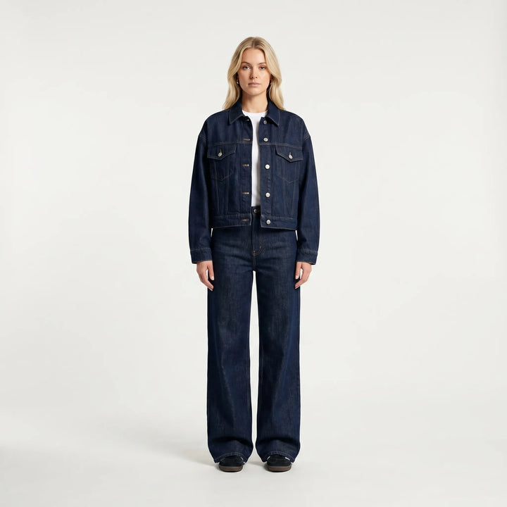 Women's Denim Jacket and Pants Set - Cropped with Wide Leg