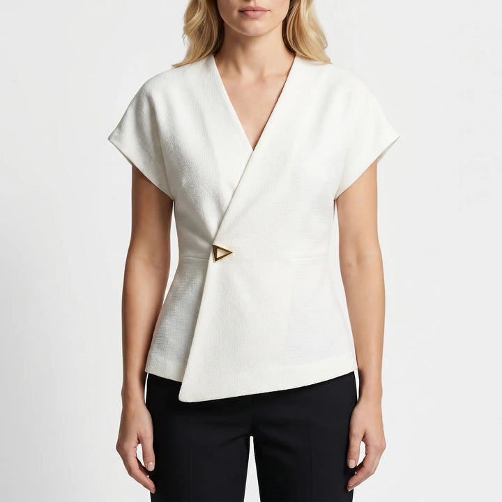Women's Wrap V Neck Blouse - Cap Sleeve with Gold Clasp