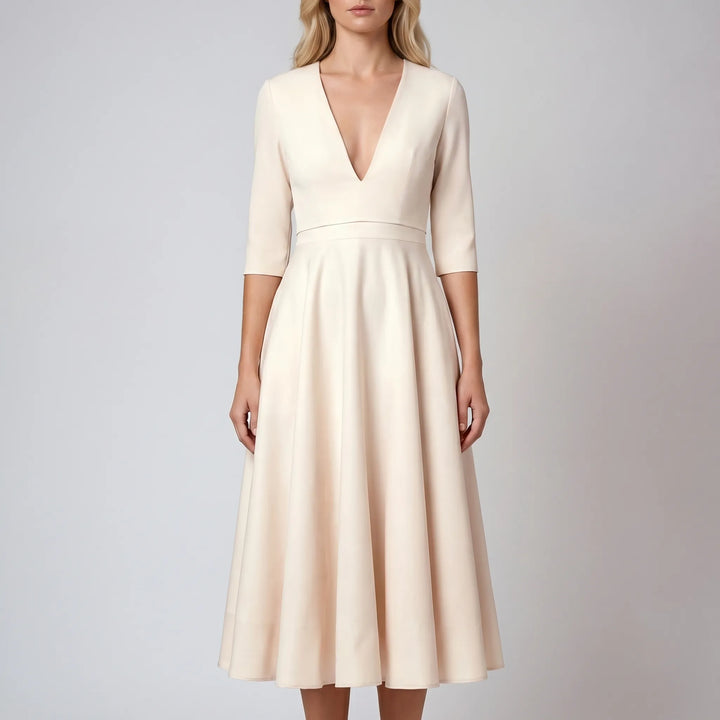 Women's Flared Midi Dress - Elegant V Neck for Wedding Guest