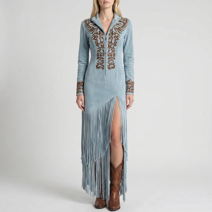 Women's Long Sleeve Maxi Dress - Fringe Hem with Embroidered Detail