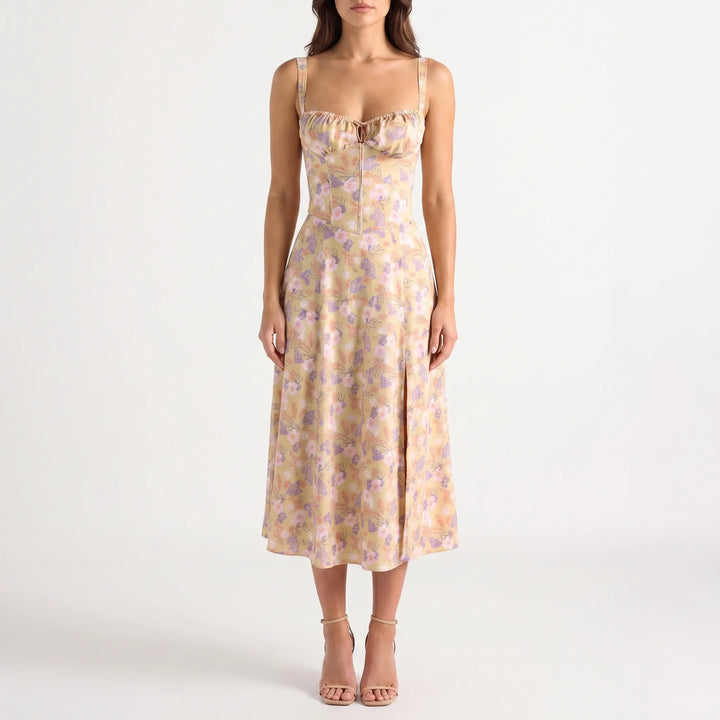 Women's Floral Corset Midi Dress - Summer Sundress with Slit