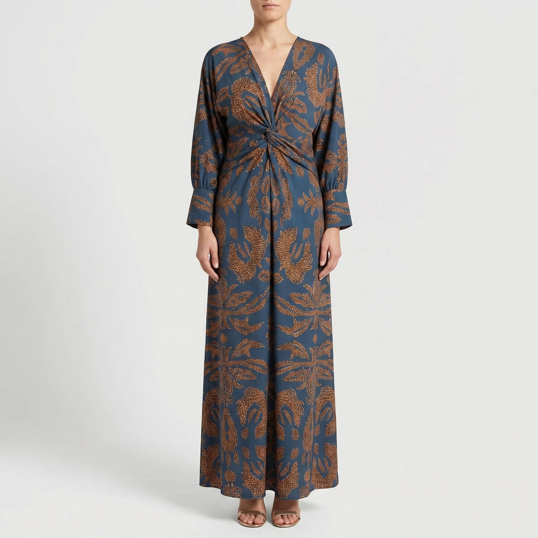 Women's Printed Maxi Dress - V Neck with Twist Waist