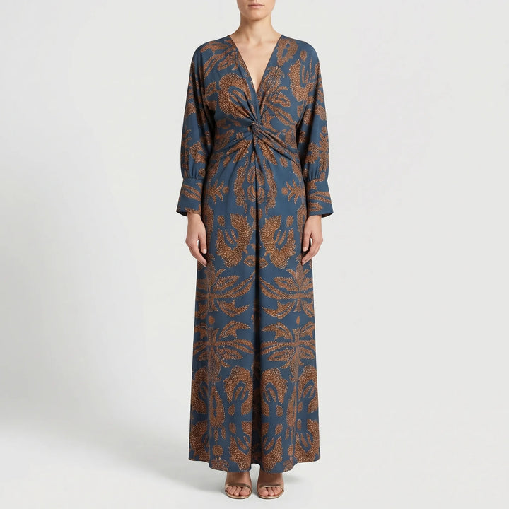Women's Printed Maxi Dress - V Neck with Twist Waist