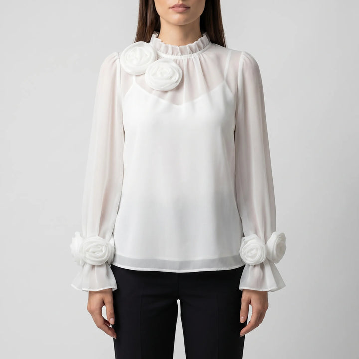 Women's 3D Rose Blouse - Sheer Long Sleeve with High Neck