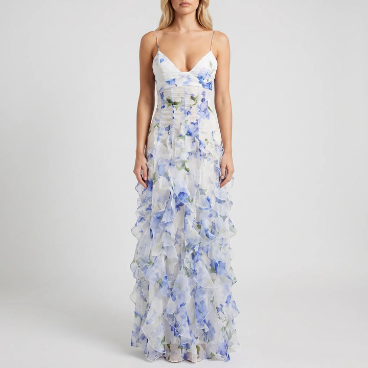 Women's Floral Ruffle Maxi Dress - Elegant Summer Occasion
