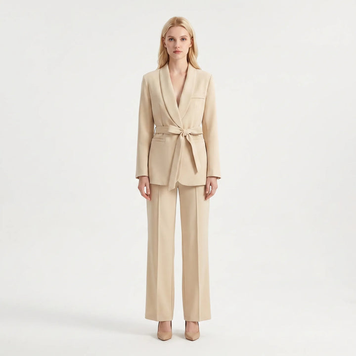 Women's 2 Piece Suit Set - Belted Blazer and Wide Leg Pants