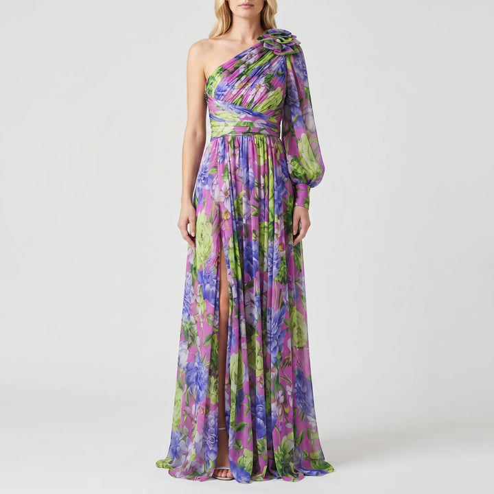 Women's One Shoulder Maxi Dress - Floral with High Slit