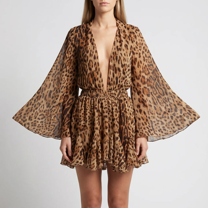 Women's V Neck Mini Dress - Long Sleeve with Ruffle Hem