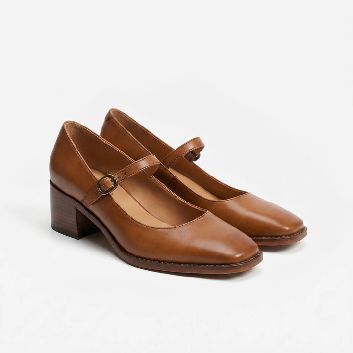 Women's Low Block Heel Shoes - Buckle Strap with Square Toe