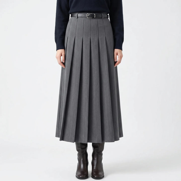 Women's Pleated Midi Skirt - High Waist with Belt for Work