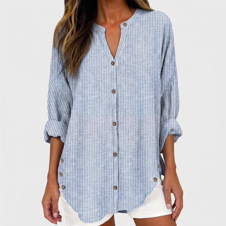Women's Striped Tunic Blouse - Casual Summer Button Front Top
